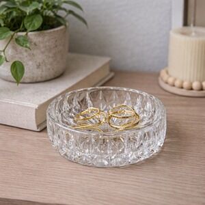Vintage Clear Crystal Bowl Round Diamond Leaf Pattern 4.5 Inch